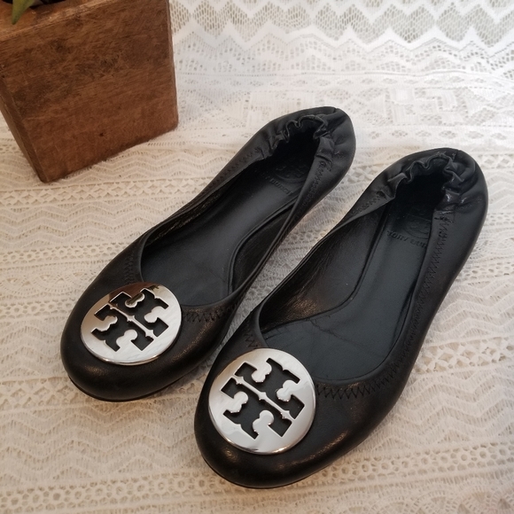 Tory Burch Shoes - Tory Burch Reva Black Silver Logo Ballet Flats 6M